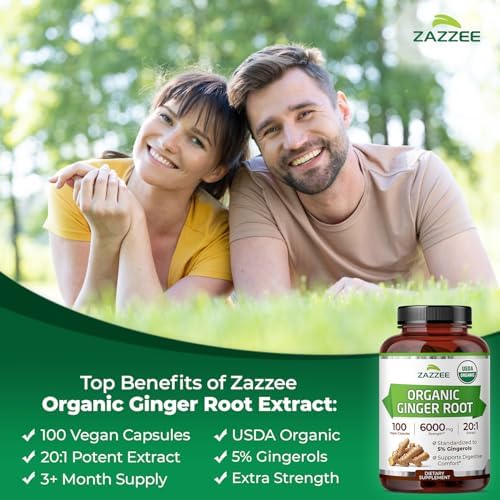 Extracto de Jengibre Orgánico Zazzee 20:1, 5% Gingeroles, 100 Cápsulas Veganas, Suministro para 3+ Meses, Soporte Digestivo y Estomacal, Natural, No - imagen 4