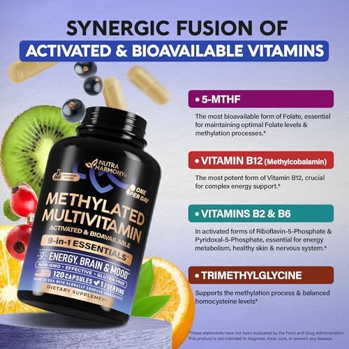 Multivitamínico Metilado - B2, B6, 5-MTHF & B12 | Antioxidantes C & E | Vitamina D3 & K2 - Suplemento 9 en 1 para Hombres y Mujeres - Energía, - imagen 4