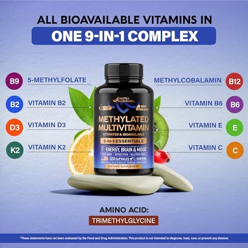Multivitamínico Metilado - B2, B6, 5-MTHF & B12 | Antioxidantes C & E | Vitamina D3 & K2 - Suplemento 9 en 1 para Hombres y Mujeres - Energía, - imagen 5