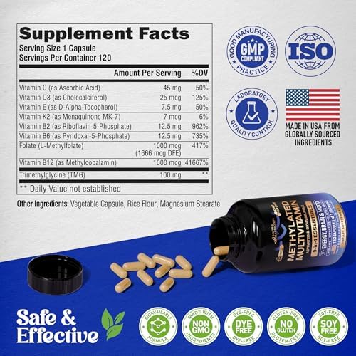 Multivitamínico Metilado - B2, B6, 5-MTHF & B12 | Antioxidantes C & E | Vitamina D3 & K2 - Suplemento 9 en 1 para Hombres y Mujeres - Energía, - imagen 8