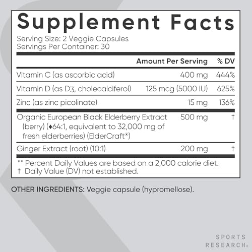 Sports Research® Elderberry Apoyo Inmunológico con Zinc, Jengibre, Vitamina C y D3 - Vegano, No GMO, Sin Gluten - 60 Cápsulas Veganas - imagen 5