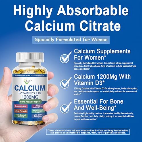 Suplementos de Calcio para Mujeres - Calcio 1200 mg con Vitamina D3 y K2 - Alta Absorción, Extra Fuerte, Citrato de Calcio para Salud Ósea, Fuerza y - imagen 3