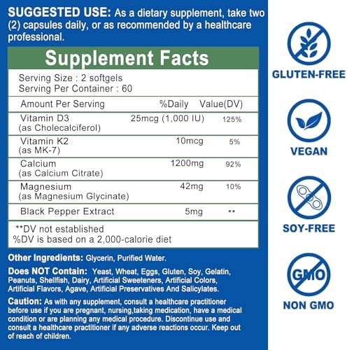 Suplementos de Calcio para Mujeres - Calcio 1200 mg con Vitamina D3 y K2 - Alta Absorción, Extra Fuerte, Citrato de Calcio para Salud Ósea, Fuerza y - imagen 7