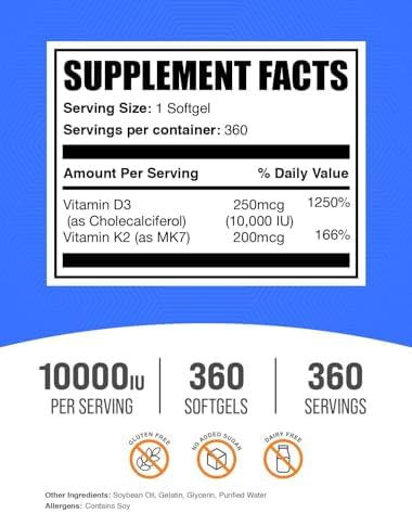 BulkSupplements.com Suplemento de Vitamina D3 + K2 10000 IU en Softgels - Salud Inmunológica, Libre de Gluten, 1 Softgel por Porción, 360 Contenido - imagen 2