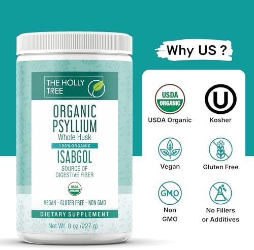 Polvo de Cáscara de Psyllium Orgánico THE HOLLY TREE 8 oz - Isabgol de India - Fibra de Psyllium para Salud Digestiva - Sin Gluten, USDA Orgánico, - imagen 3