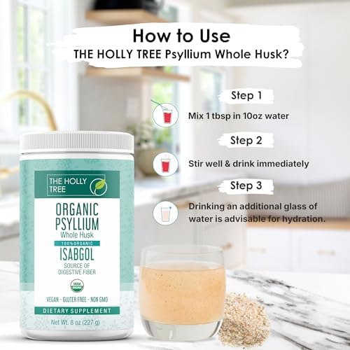 Polvo de Cáscara de Psyllium Orgánico THE HOLLY TREE 8 oz - Isabgol de India - Fibra de Psyllium para Salud Digestiva - Sin Gluten, USDA Orgánico, - imagen 5