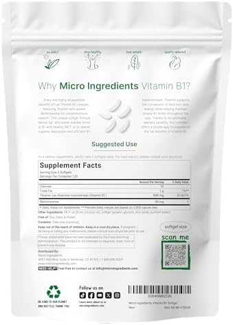 Micro Ingredients Vitamina B1 Tiamina 500mg con Benfotiamina y Aceite MCT, 240 Softgels | Suplemento de Tiamina para Energía y Sistema Nervioso | Sin - imagen 2