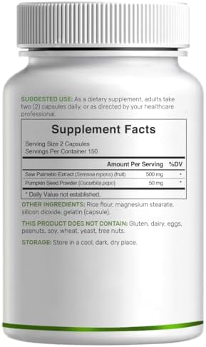 Suplemento de Saw Palmetto con Semilla de Calabaza, 300 Cápsulas | Promueve la Salud Prostática | Bloqueador de DHT | Vitaminas para el Crecimiento - imagen 2