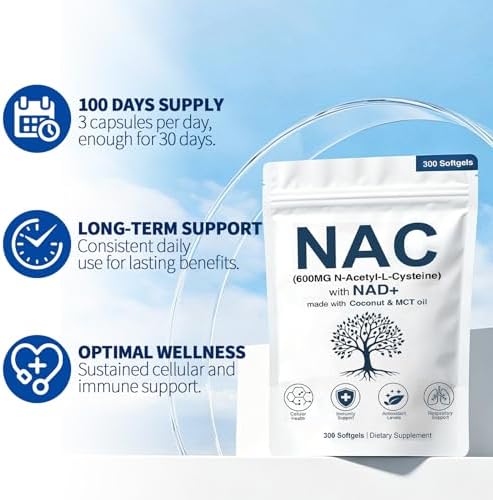 Suplemento Orgánico SEAFLEX NAC 600mg, Cápsulas de N-Acetil Cisteína No Transgénicas y Sin Gluten, 300 Softgels para Salud Celular y Pulmonar con NAD+ - imagen 5