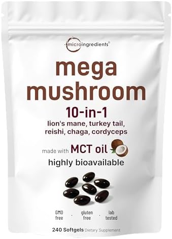 Suplemento Complejo de Hongos Mega 10 en 1 de Micro Ingredients – Melena de León, Cordyceps, Reishi, Chaga y Más – 240 Softgels con Aceite MCT – - imagen 1