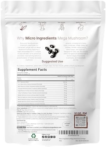 Suplemento Complejo de Hongos Mega 10 en 1 de Micro Ingredients – Melena de León, Cordyceps, Reishi, Chaga y Más – 240 Softgels con Aceite MCT – - imagen 2