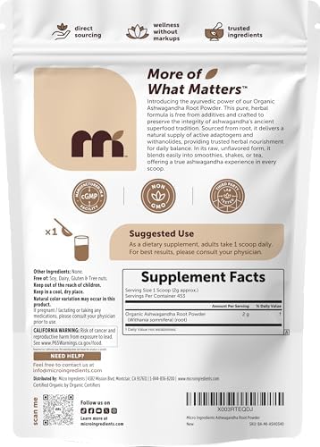 Polvo de Raíz de Ashwagandha Orgánico Micro Ingredients, 2 lb | 453 Porciones | Raíz Pura de Withania Somnifera | Hierba Ayurvédica Antigua - imagen 6
