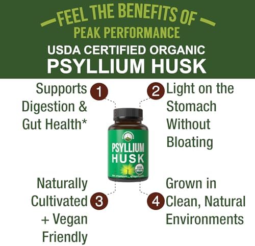 Cápsulas Veganas de Psyllium Husk Orgánico USDA de Peak Performance - Suplemento de Fibra para Digestión y Prebióticos - Sin Hinchazón, Sin Gluten - imagen 2