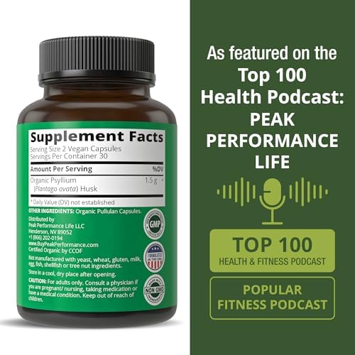 Cápsulas Veganas de Psyllium Husk Orgánico USDA de Peak Performance - Suplemento de Fibra para Digestión y Prebióticos - Sin Hinchazón, Sin Gluten - imagen 6