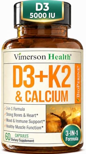 Suplemento de Vitamina D3 K2 y Calcio para Huesos, Músculos e Inmunidad – 5000 IU de Vitamina D3, K2 MK7, Calcio y Pimienta Negra (BioPerine) para - imagen 1