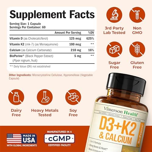 Suplemento de Vitamina D3 K2 y Calcio para Huesos, Músculos e Inmunidad – 5000 IU de Vitamina D3, K2 MK7, Calcio y Pimienta Negra (BioPerine) para - imagen 3