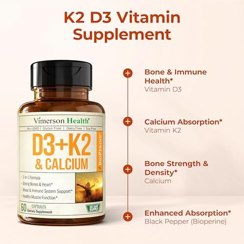 Suplemento de Vitamina D3 K2 y Calcio para Huesos, Músculos e Inmunidad – 5000 IU de Vitamina D3, K2 MK7, Calcio y Pimienta Negra (BioPerine) para - imagen 5