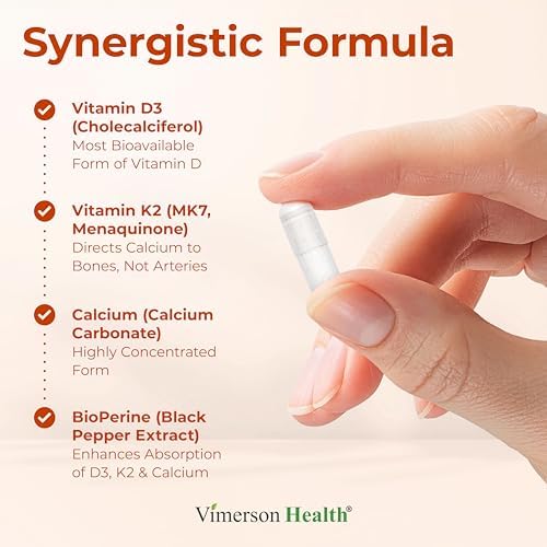 Suplemento de Vitamina D3 K2 y Calcio para Huesos, Músculos e Inmunidad – 5000 IU de Vitamina D3, K2 MK7, Calcio y Pimienta Negra (BioPerine) para - imagen 6