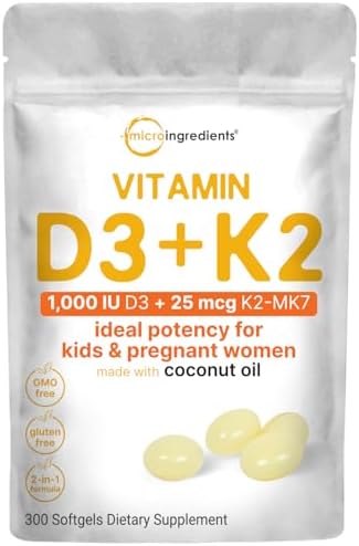 Micro Ingredients Vitamina D3 1,000 IU + K2 MK-7 25 mcg, 300 Cápsulas Blandas | Aceite de Coco Virgen | Soporte para Huesos, Inmunidad y Corazón - imagen 1