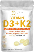 Micro Ingredients Vitamina D3 1,000 IU + K2 MK-7 25 mcg, 300 Cápsulas Blandas | Aceite de Coco Virgen | Soporte para Huesos, Inmunidad y Corazón - imagen 1