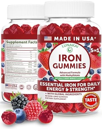 Gomitas de Hierro Veganas Lunakai Hechas en EE. UU. 5 en 1 con Metilfolato, Vitamina C, E y B12 - Suplemento Diario para Mujeres, Hombres y Niños - - imagen 1