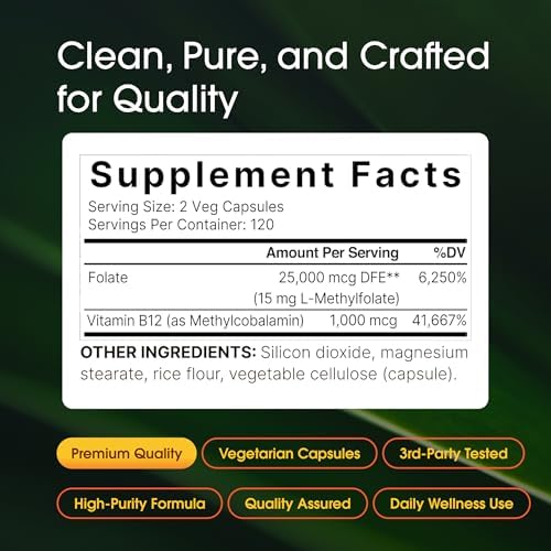 NatureBell Methyl Folato 15mg - 240 Cápsulas - 5-MTHF con Methyl B12-15mg L-Metilfolato y 1,000mcg de Vitamina B12 - Suplemento para Energía y Ánimo - imagen 3