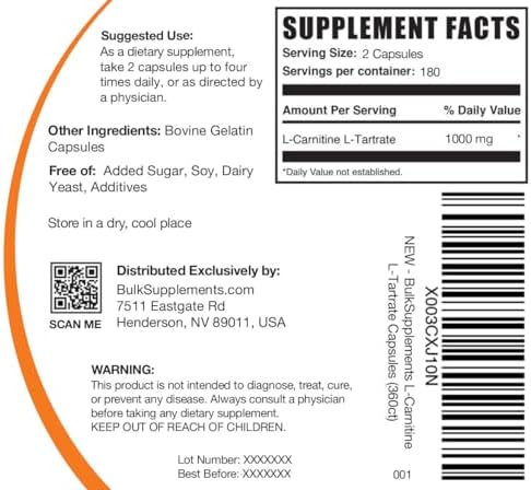 BulkSupplements.com Cápsulas de L-Carnitina L-Tartrato - Suplemento de Carnitina, 1000mg por Porción, Libre de Gluten - 360 Cápsulas (1 Paquete) - imagen 2