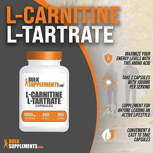 BulkSupplements.com Cápsulas de L-Carnitina L-Tartrato - Suplemento de Carnitina, 1000mg por Porción, Libre de Gluten - 360 Cápsulas (1 Paquete) - imagen 3