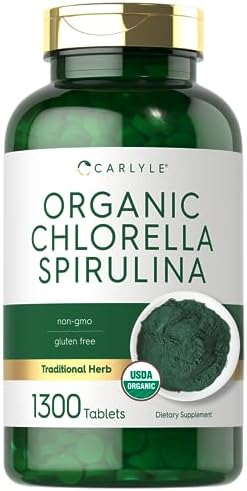 Tabletas de Chlorella y Spirulina Orgánicas Carlyle | 1300 Unidades | Mezcla 50/50 | Suplemento Sin OGM y Libre de Gluten - imagen 1