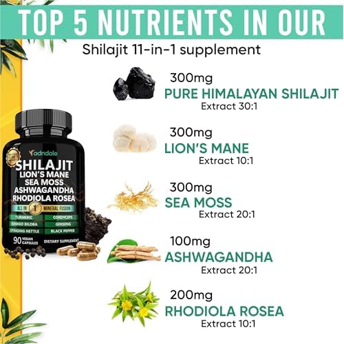 Adndale Shilajit para Hombres y Mujeres. Cápsulas Orgánicas de Shilajit del Himalaya con Musgo Marino, Ashwagandha, Rhodiola Rosea y Melena de León. - imagen 2