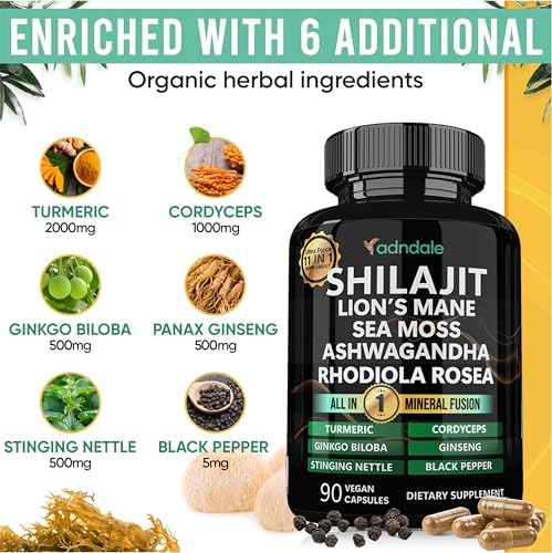 Adndale Shilajit para Hombres y Mujeres. Cápsulas Orgánicas de Shilajit del Himalaya con Musgo Marino, Ashwagandha, Rhodiola Rosea y Melena de León. - imagen 3