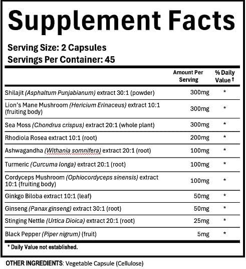 Adndale Shilajit para Hombres y Mujeres. Cápsulas Orgánicas de Shilajit del Himalaya con Musgo Marino, Ashwagandha, Rhodiola Rosea y Melena de León. - imagen 4