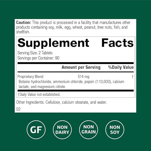 Betaína Hidrocloruro Standard Process - Suplemento para Soporte de pH Gastrointestinal - Salud Digestiva y Absorción de Hierro - 180 Tabletas (90 - imagen 2