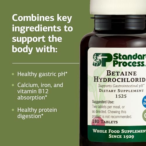 Betaína Hidrocloruro Standard Process - Suplemento para Soporte de pH Gastrointestinal - Salud Digestiva y Absorción de Hierro - 180 Tabletas (90 - imagen 4