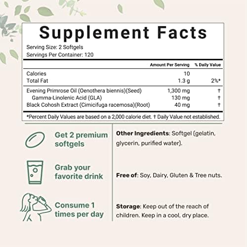 Aceite de Onagra 1300mg por Porción, 240 Softgels | Mejorado con 40mg de Extracto de Cohosh Negro, Prensado en Frío – 10% GLA Activo, Sin OGM, Sin - imagen 2
