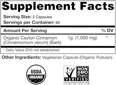 Cápsulas de Canela de Ceilán Orgánica Certificada USDA Natural Choice Botanicals, Suplemento No GMO - 120 Cápsulas, Suministro para 2 Meses - imagen 2