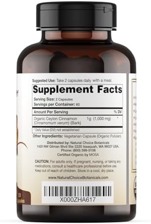 Cápsulas de Canela de Ceilán Orgánica Certificada USDA Natural Choice Botanicals, Suplemento No GMO - 120 Cápsulas, Suministro para 2 Meses - imagen 5