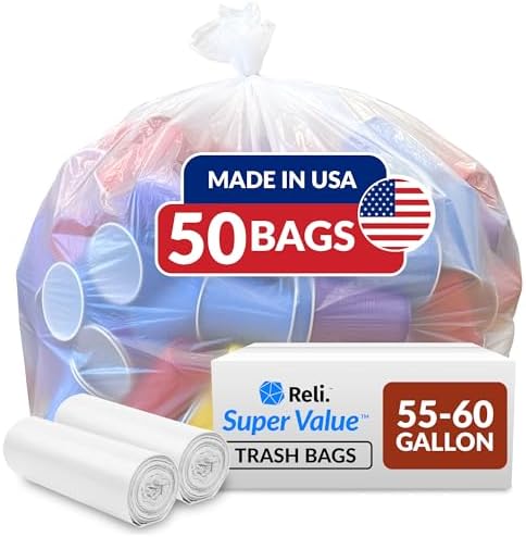 Bolsas de Basura Reli. SuperValue de 55-60 Galones | Paquete de 50 | Hechas en EE. UU. | Resistentes | Transparentes y Multiusos - imagen 1