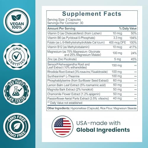 Suplementos OmniCalm de Cortisol para Mujeres y Hombres | Reductor y Gestor de Cortisol con Ashwagandha Sensoril, L-Theanina Suntheanine, Magnesio - imagen 5