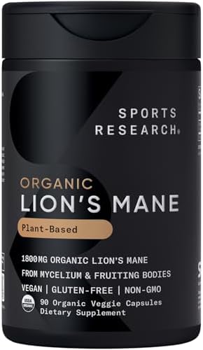 Suplemento Orgánico de Hongo Melena de León Sports Research® 1800mg - Salud Cerebral, Enfoque y Soporte Cognitivo - Orgánico USDA, No GMO, Vegano - - imagen 1