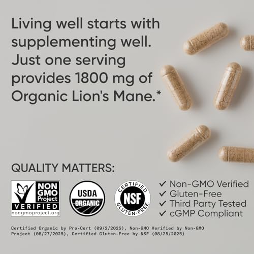 Suplemento Orgánico de Hongo Melena de León Sports Research® 1800mg - Salud Cerebral, Enfoque y Soporte Cognitivo - Orgánico USDA, No GMO, Vegano - - imagen 4