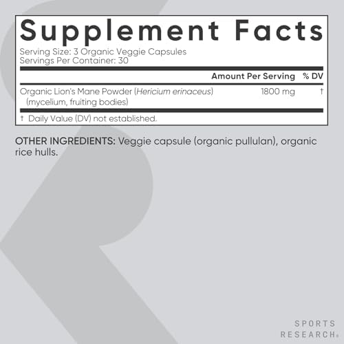 Suplemento Orgánico de Hongo Melena de León Sports Research® 1800mg - Salud Cerebral, Enfoque y Soporte Cognitivo - Orgánico USDA, No GMO, Vegano - - imagen 5