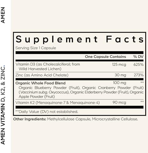 Amen Vitamina D, K2 y Zinc, 5000 IU de Cholecalciferol D3, Mezcla Orgánica de Alimentos con Manzana, Arándano, Cereza y Saúco, Suplemento Vegano - 60 - imagen 2