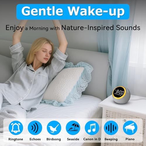 Reloj Despertador con Máquina de Sonido para Dormir: 25 Sonidos Relajantes, 7 Sonidos Suaves para Despertar, Volumen Ajustable y Temporizador (Gris) - imagen 3