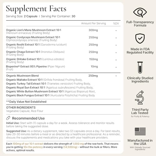 Suplemento Orgánico de Hongos NeuroRoot - Mezcla de 10 Hongos: Melena de León, Reishi, Cordyceps - Extracto de Cuerpo Frutal 10:1 - Memoria, Enfoque, - imagen 8