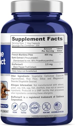 Extracto de Corteza de Pino Marítimo Francés NusaPure 400mg en Cápsulas Veganas - 200 Días de Suministro con Bioperina, No GMO - imagen 2