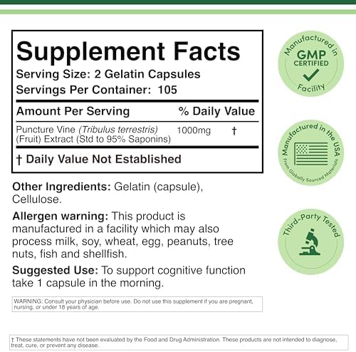 Tribulus Terrestris para Hombres (95% Saponinas Puras) 210 Cápsulas, Extracto Concentrado de 1,000mg (Probado por Terceros, Vegano, No GMO) para - imagen 2