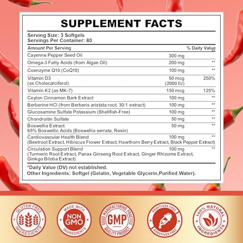 Suplemento de Cápsulas de Cayena, 240 Softgels con Vitamina D3+K2, Berberina, CoQ10, Omega-3, Cúrcuma, Espino y Remolacha, Apoya la Salud Digestiva y - imagen 2