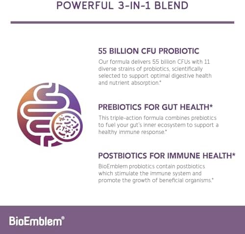 BioEmblem Probióticos para Mujeres y Hombres – 55 Mil Millones CFU | 11 Cepas con Prebióticos y Postbióticos | Alcachofa de Jerusalén e Inulina | - imagen 2