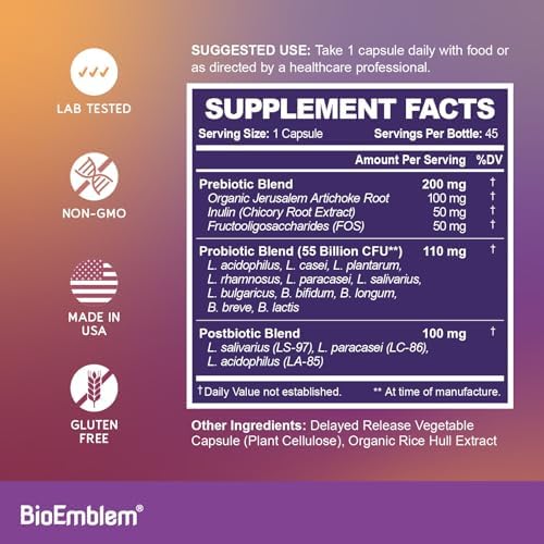 BioEmblem Probióticos para Mujeres y Hombres – 55 Mil Millones CFU | 11 Cepas con Prebióticos y Postbióticos | Alcachofa de Jerusalén e Inulina | - imagen 6